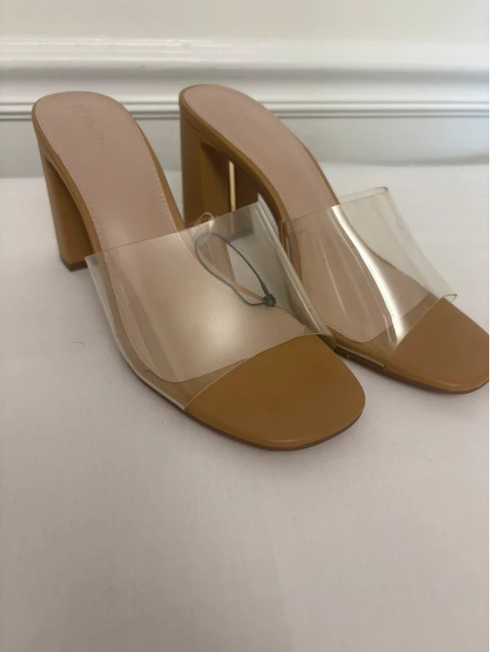 The Drop Clear Strap Nude Square Toe Block Heel Mules Size 9
